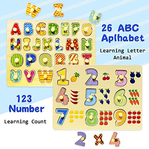 Kids Wooden Alphabet ABC, Numbers 123 and Shapes Learning Puzzles Board, 3 Puzzle Set Preschool Educational Peg Puzzles Montessori Toy for 1 2 3 Year Olds Toddlers Baby Girls Boys