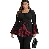 ROSE GAL Womens Plus Size Flocking Floral Figure Print Lace Up Ruched Ruffles Long Bell Sleeves Flowy 2 in 1 Top