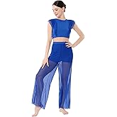 ODASDO Women Two Piece Lyrical Dance Costumes Criss Cross Crop Tops + Mesh Tulle Wide Leg Pants Modern Contemporary Dancewear