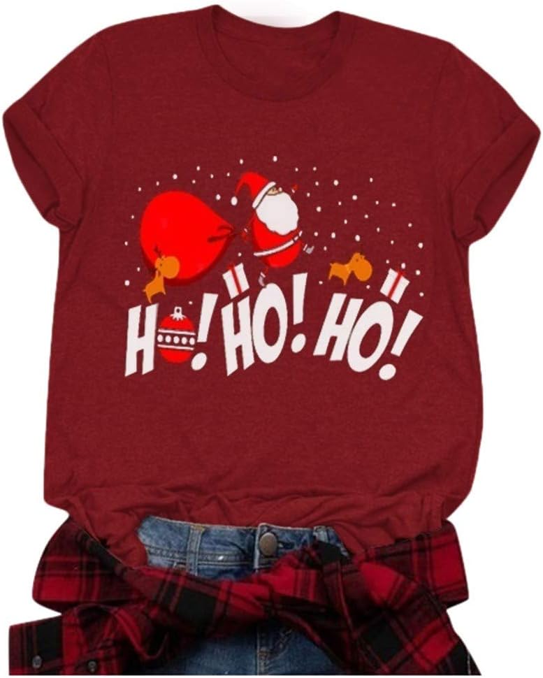 HOHOHO Christmas Tshirt for Women，Letter Printed Short Sleeve Graphic Tee Shirts Tops