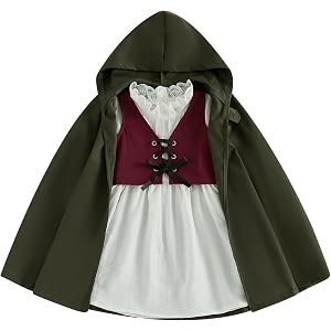 Fabuyau Toddler Girl Medieval Lace Trim Dress Hooded Cloak Vest 3Pcs Outfit | Halloween Renaissance Dress, Ruffle Neck, Lace-