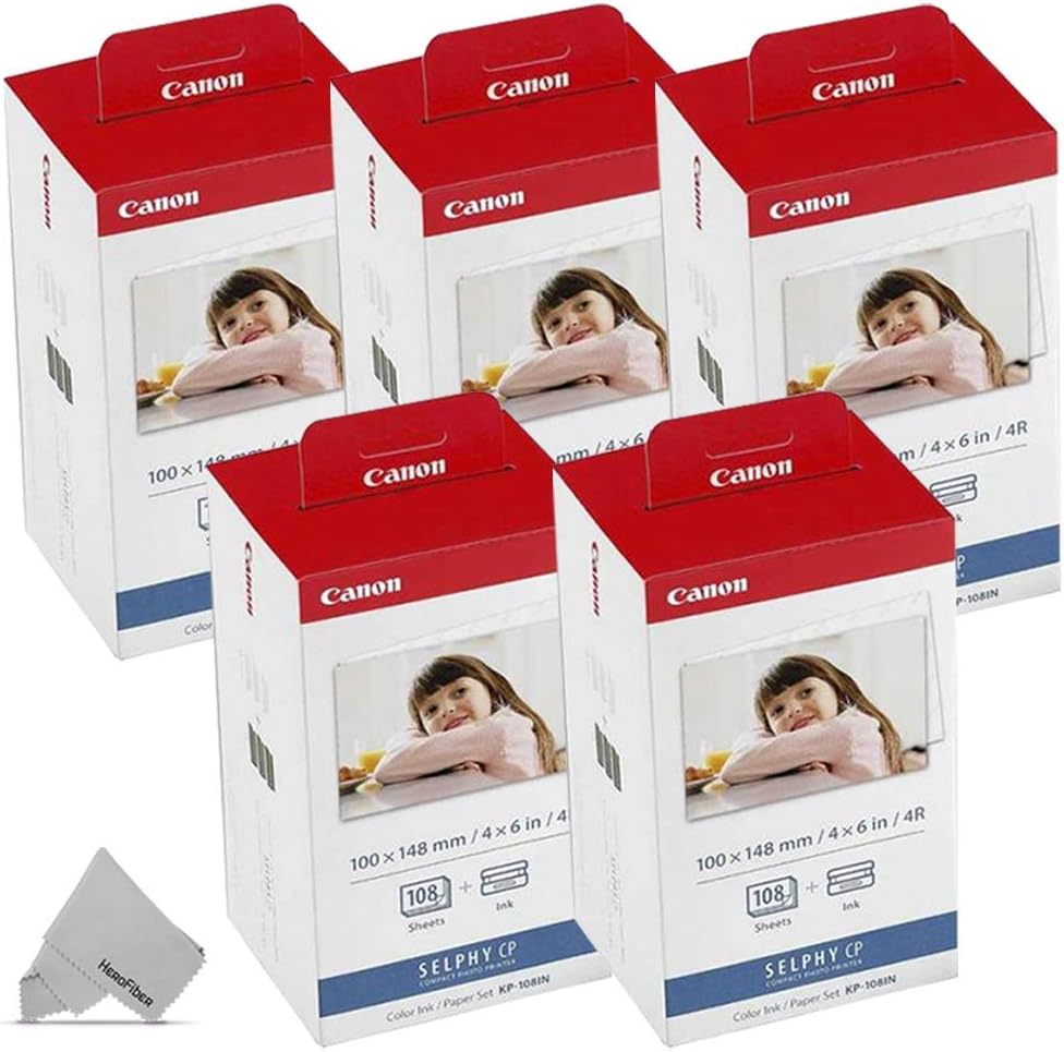 5 Pack Canon KP-108IN / KP108 Color Ink Paper includes 540 Ink Paper sheets + 15 Ink toners for Canon Selphy CP1300, CP1200, CP910, CP900, cp770, cp760 Compact Photo Printers