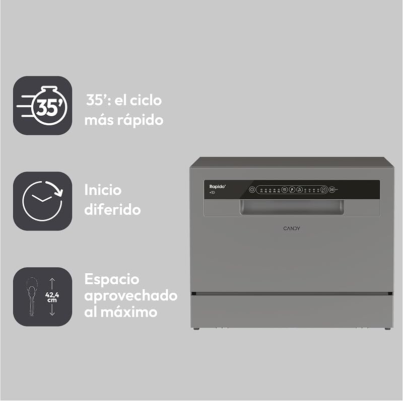 Máquina de lavar louça pequena e compacta candy cp 6e51ls, 6 serviços, digital, 51dba, 5 ciclos, meia carga, início retardado 3-6-9 horas, indicador de sal e abrilhantador, indicador de fim de ciclo, aço inoxidável
