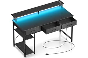 Rolanstar Computer Desk with Power Outlets & LED Light, 47 inch Home Office Desk with 3 Drawers and Storage Shelves, Writing Desk with Monitor Stand, Modern Work Desk for Home Office, Carbon Black