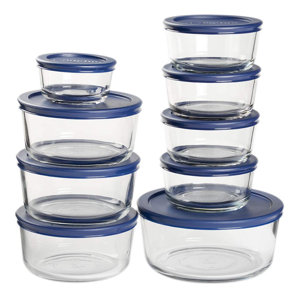 Photo 1 of ****MISSING 2 PIECES** Anchor Hocking Glass Storage Containers with Lids (Glass Food Storage Containers & Navy Blue SnugFit Lids)