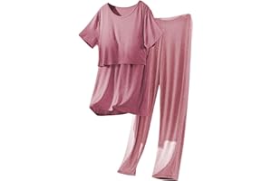 Women's Maternity Nursing Pajamas Set Round Neck Ribbed Breastfeeding Pjs Sleepwear Postpartum Top and Long Pants Watermelon 
