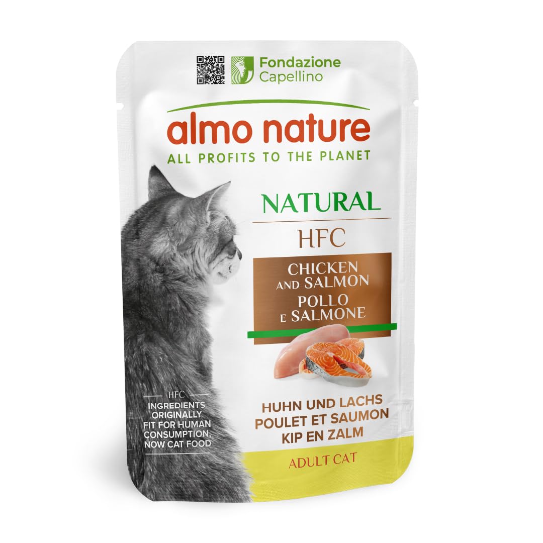 Almo Nature HFC Natural - Wet Cat Food for Adult Cats - Chicken and Salmon - Human-Grade, Gluten-Free - 55g (Pack of 24)