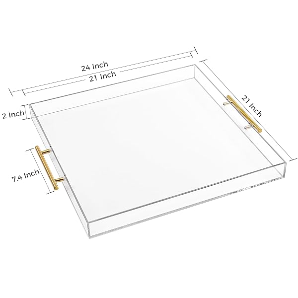 EXTRA LARGE CLEAR ACRYLIC SERVING TRAY (21×21 INCHES) WITH GOLD HANDLES SPILL PROOF ACRYLIC OVER SIZE BIG DECORATIVE TRAY ORGANISER FOR OTTOMAN COFFEE TABLE COUNTERTOP