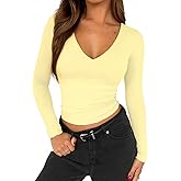 TiulZial Long Sleeve Shirt for Women V Neck Going Out Top Double Lined Tight T Shirts
