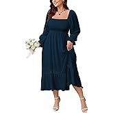 SCOMCHIC Womens Plus Size Fall Dresses Long Sleeve Square Neck Wedding Guest Smocked Flowy Boho Country Western Maxi Dress