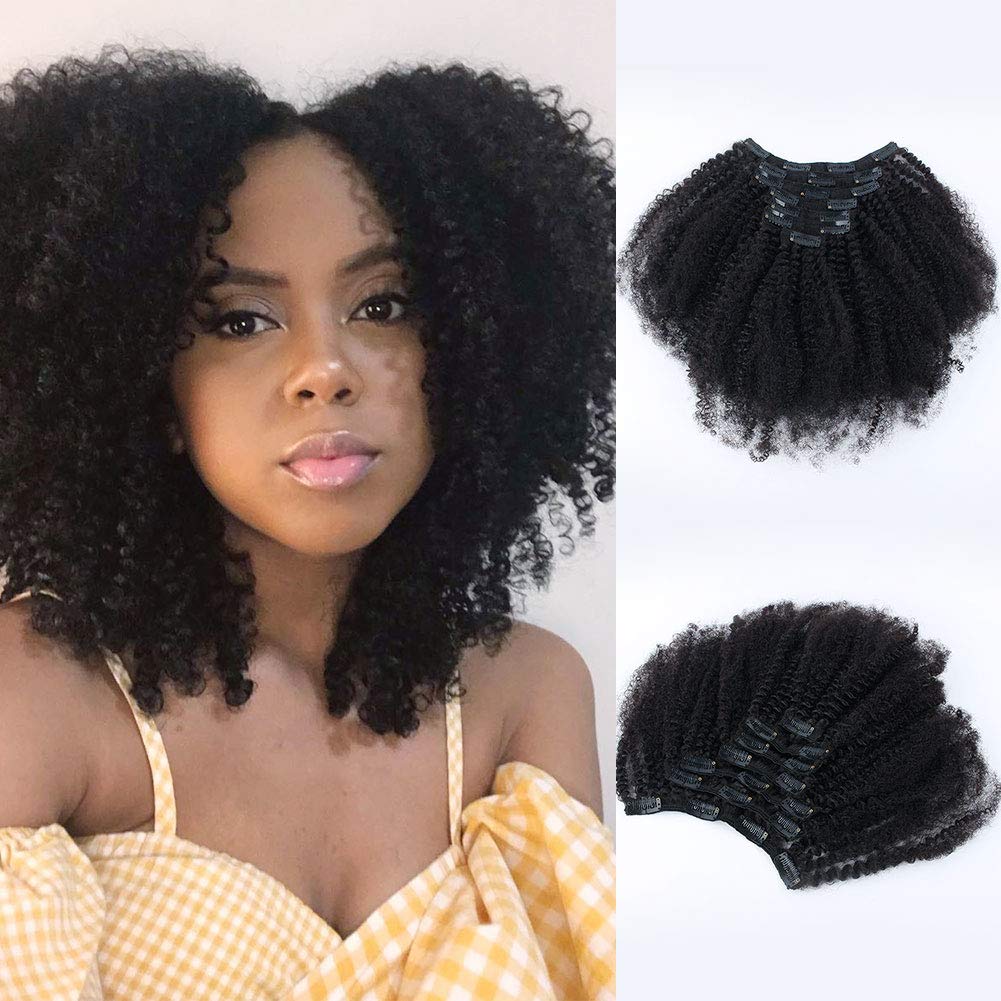 SixStarHair 14inch 120g Pack 3C 4A Textured Afro Curly Clip In Hair Extensions Double Weft Grade 8A Human Hair For Black Women Full and Thick Hair Extensions 7 Pieces