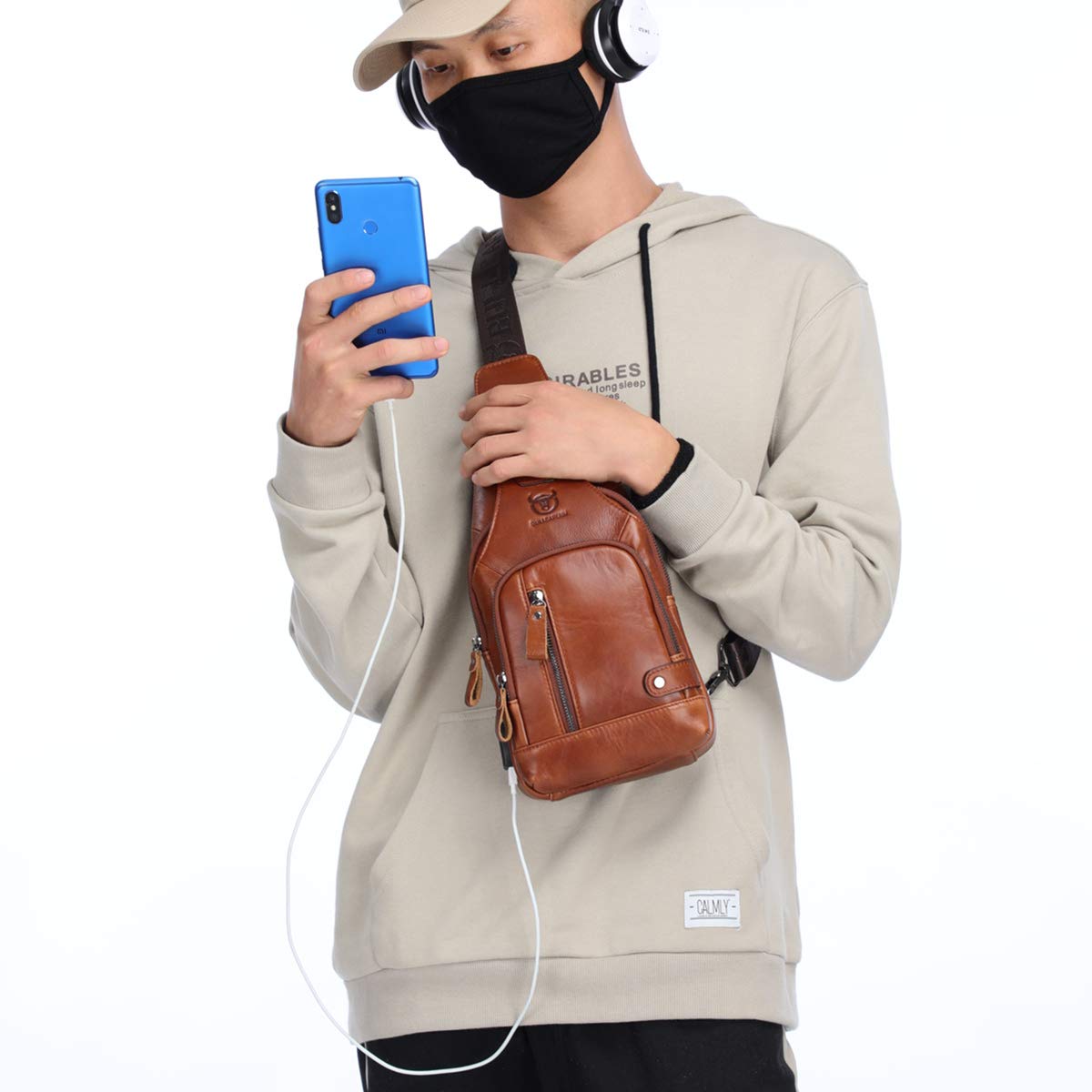 BULLCAPTAIN Genuine Leather Sling Bag with USB Charging Port Multi-pocket Chest Bag for Men Hiking Travel Daypack XB-129