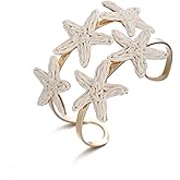 RUOFFETA Handmade Raffia Starfish Cuff Bracelet for Women - Colorful Adjustable Wide Open Bangle, Statement Tropical Beach Jewelry