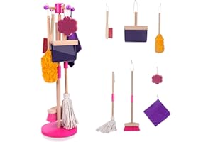 Masthome Wooden Kid Cleaning Set, 8-Pieces Cleaning Toys, Includes Broom, Dustpan, Brush, Mop, Duster, Sponge, Rag and Hanging Stand, Skill Developmental Pretend Play Kit for Toddlers, Children