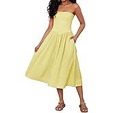 OLAPTA Women Strapless Tube Top Maxi Dresses Patchwork Casual Sleeveless Backless Dresses Swing Basic Solid Dress with Pocket