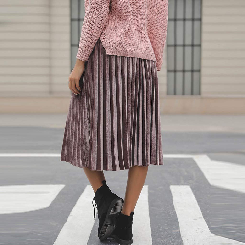 Women Pleated Skirt Fashion Solid High Waist Casual Elegant Elastic Midi Skirt