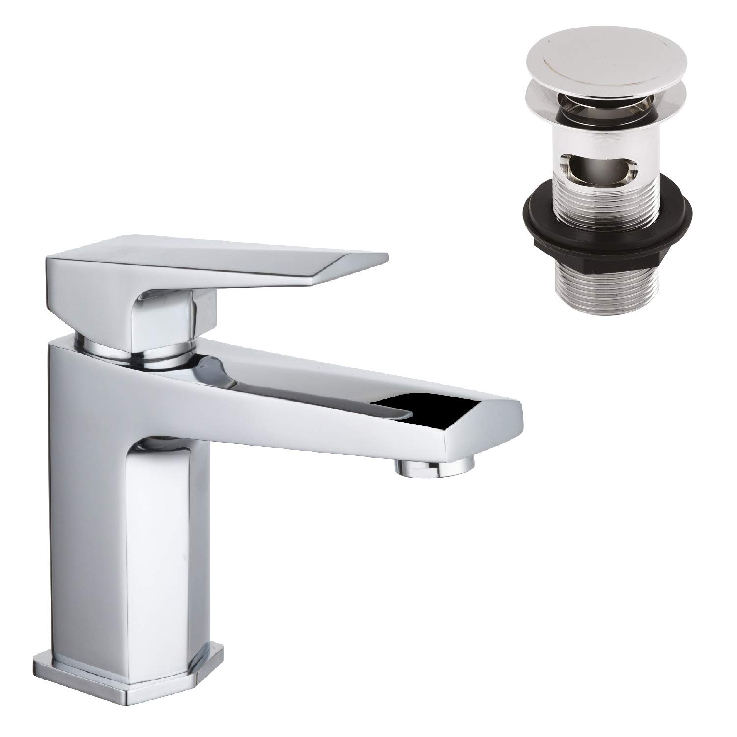Nuie HDY305 Hardy | Modern Bathroom Square Mono Basin Mixer Tap with Free Push Button Waste, 153mm x 50mm, Chrome