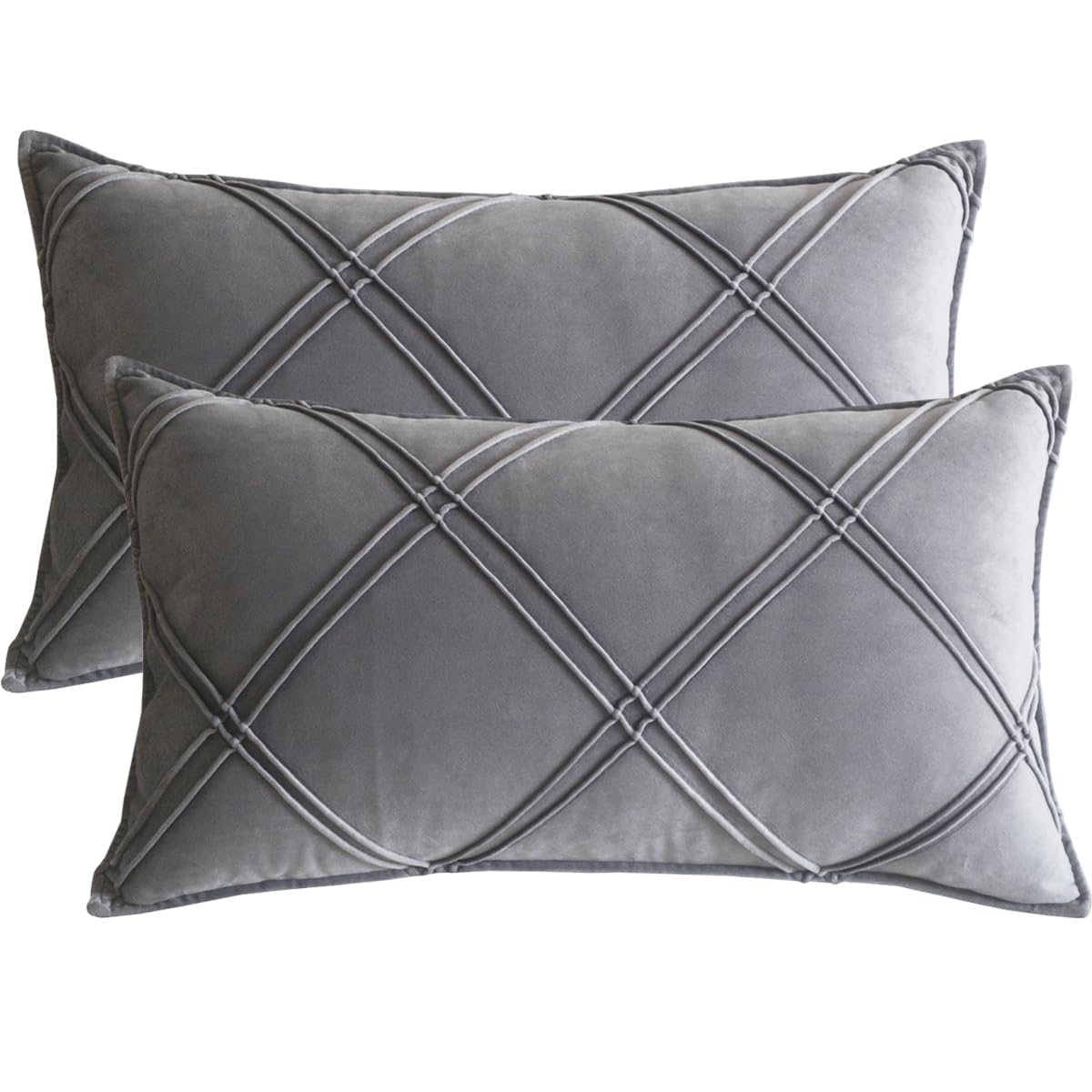 Lutanky Light Grey Velvet Cushion Covers 30 x 50 cm Decorative Rectangle Throw Pillow Covers Checked Design Elegant Oblong Pillowcases for Sofa Bed Living Room 12x20 Inch Set of 2