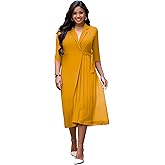 Hostoyo Women's Plus Size Pleated Midi Dress Comfortable Suit Collar 3/4 Sleeve Belted Casual Formal Work Church