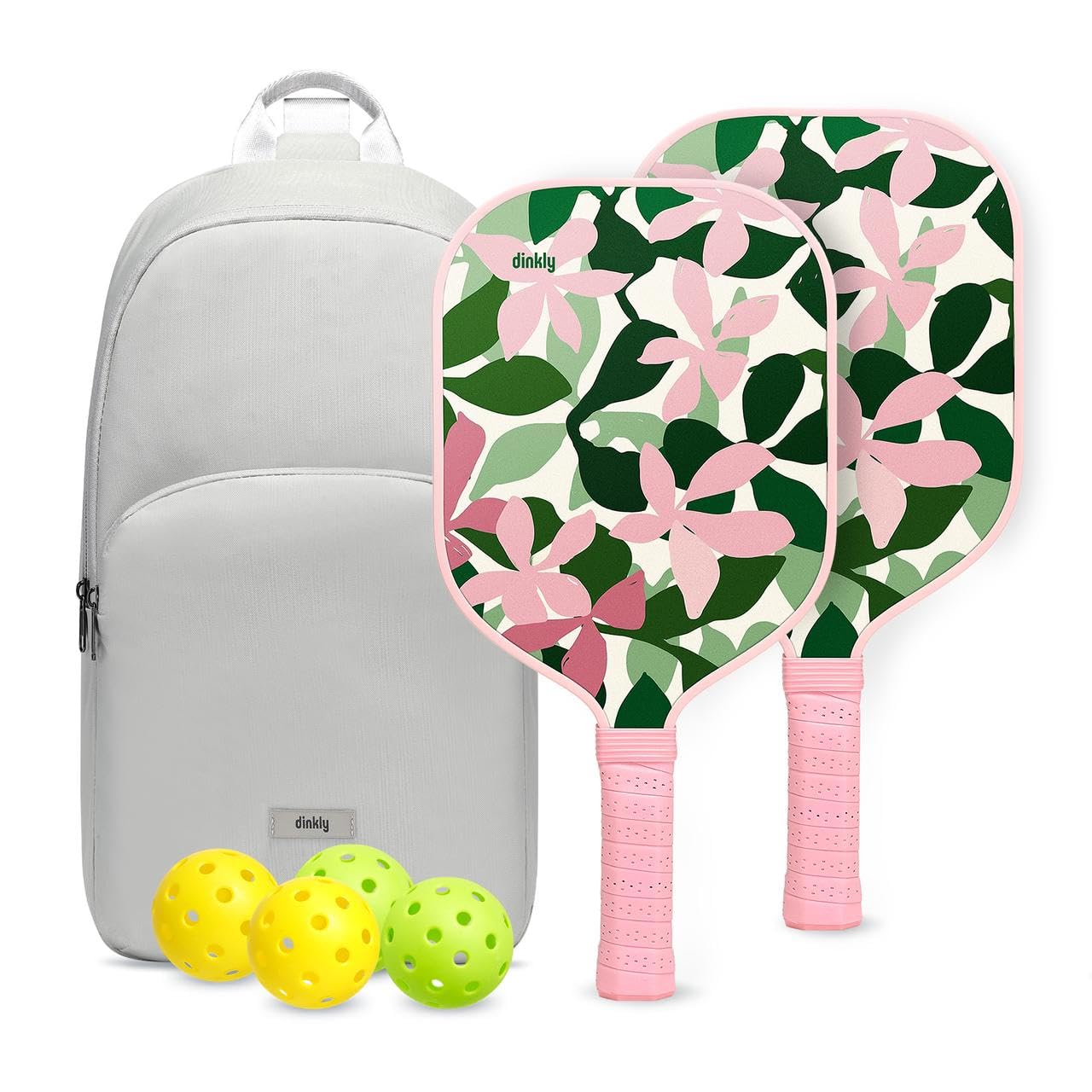 Dinkly Pickleball Paddles Set of 2 - USAPA Approved Graphite/Fiberglass Pickleballs Racket, 2 Paddles, 4 Balls, 1 Protable Carry Bag, Pickle Ball Set for Men Women, Flora Pink Image