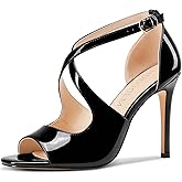 HDEUOLM Womens Stiletto High Heel Peep Open Toe Sandals Ankle Strap Cross-Strap Party Dress 3.9 Inches Heels