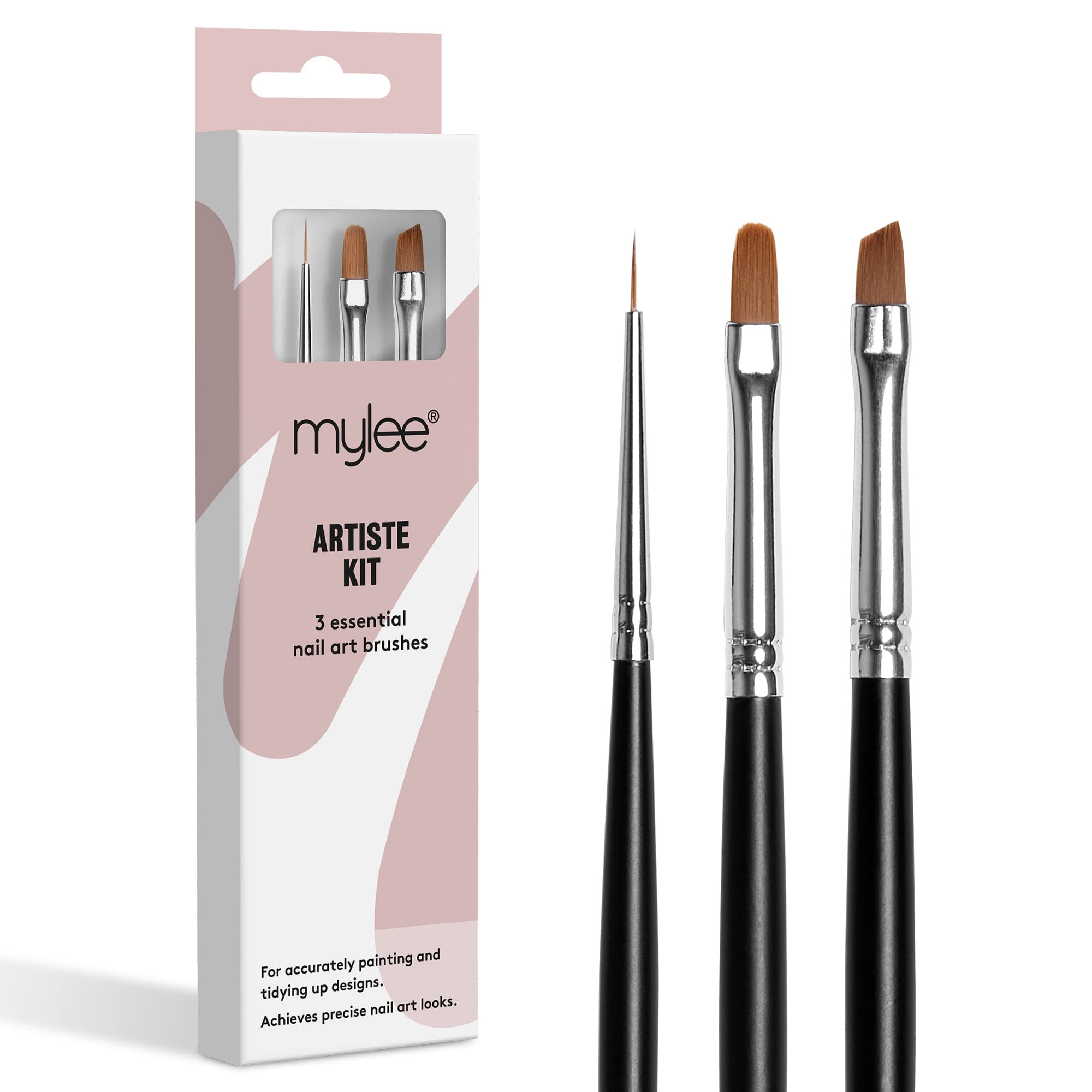 Mylee Artiste Nail Brush Kit, 3x Brushes Design for Gel Nail Art & Polish Application, Oval, Angled, Fine, Professional Quality Manicure Painting Tool, Liner Drawing Pen, for Home & Salon Use