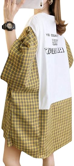 Amazon Shuming Tシャツ レディース 半袖 ゆったり 夏 カットソー 切り替え チェック柄 ファッション ティーシャツ 綿 カジュアル 韓国風 トップス ビッグtシャツ ロング 通学 Tシャツ カットソー 通販