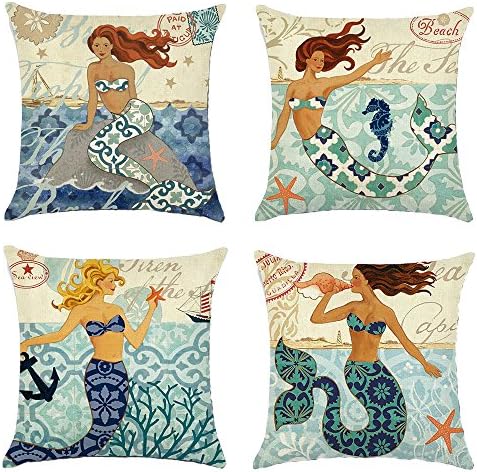 MHB Square Retro Home Décor Throw Pillow Covers Mediterranean Style Cotton Linen Accent Pillows 18x18 Inch (Pack of 4 Pieces)