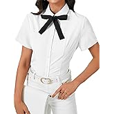 Rooscier Women's Collared Bow Tie Blouse Short Sleeve Button Down Elegant Work Shirt Top