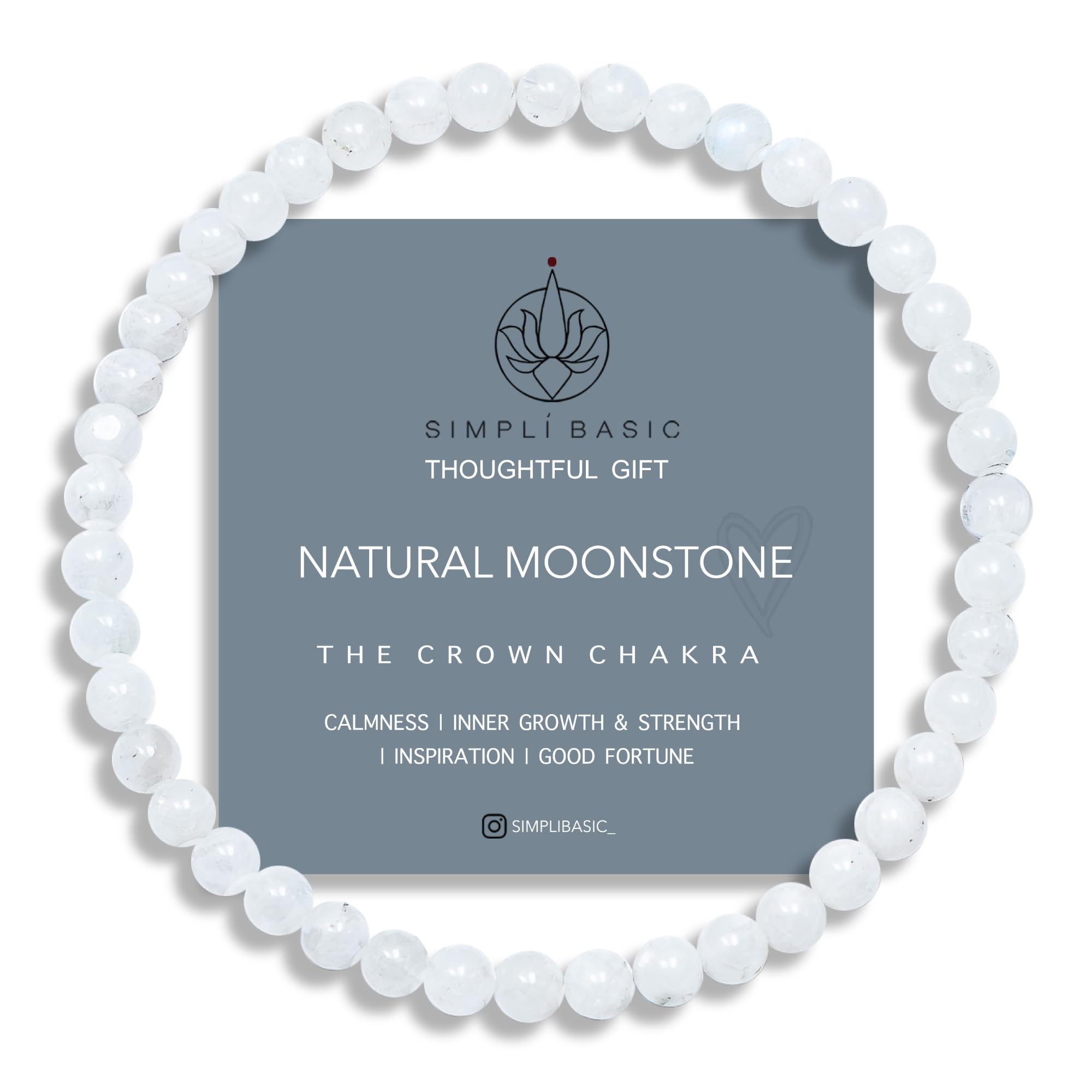 SIMPLÍ BASIC Natural Moonstone Healing Gemstone Bracelet 4mm Bead | Womens & Mens Bracelets | Growth | Strength | Fortune | Calmness Bracelet | Gift Box| Valentine's Day Gift for Women