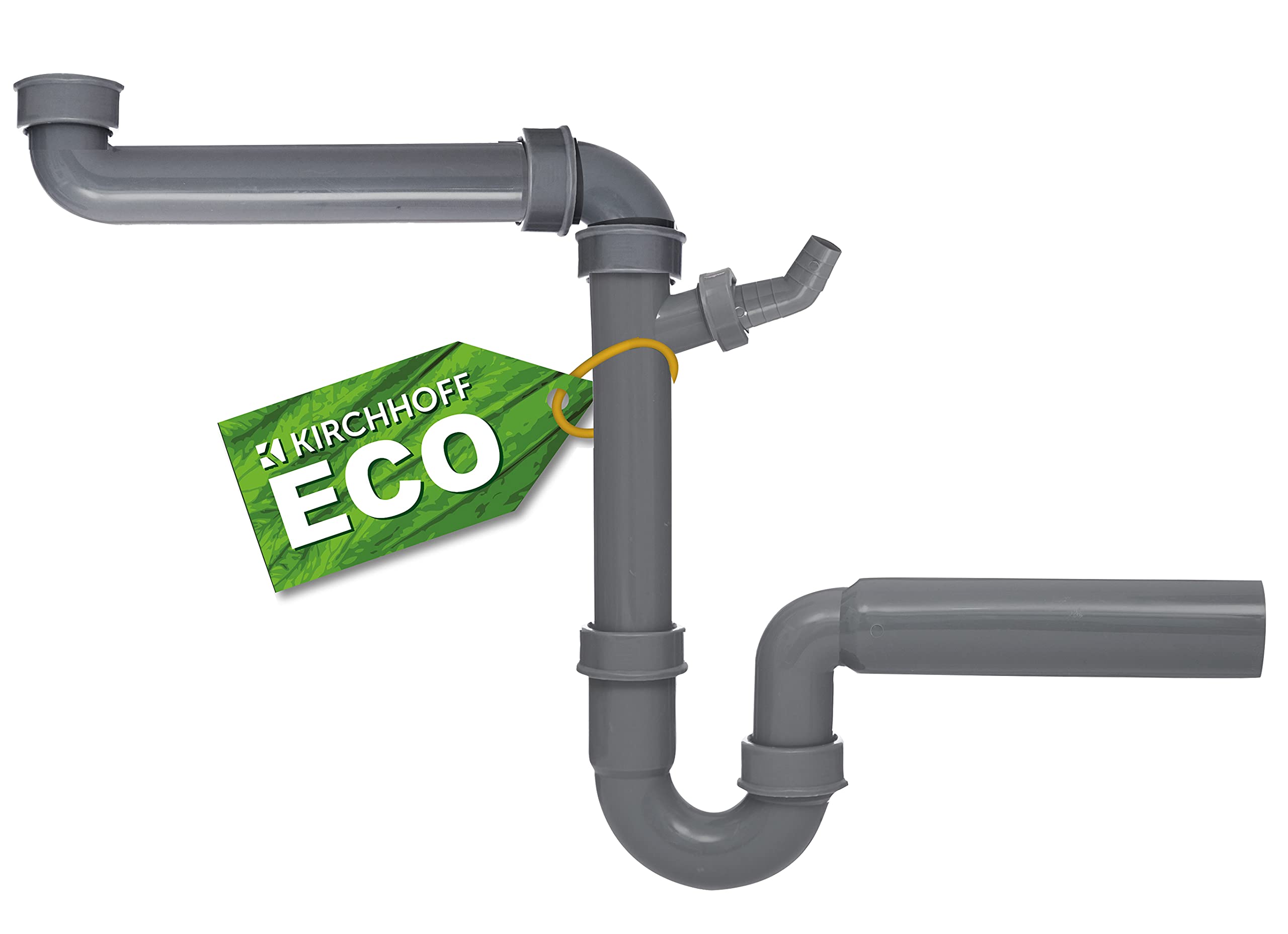 Kirchhoff ECO-Save 98833649 Kitchen Sink Space Saving Siphon Drain for Kitchen Sink Made of Recycled Plastic Drain Fitting with Connection for Washing Machine or Dishwasher Grey