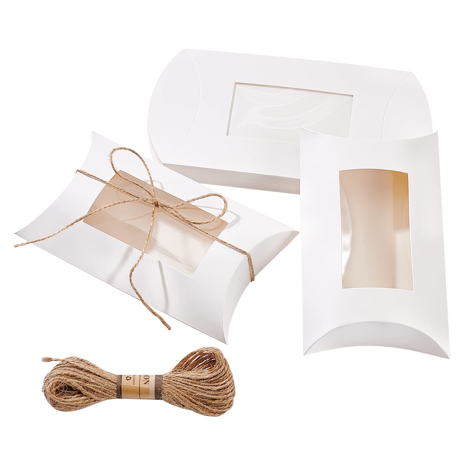 BENECREAT 20Pcs Pillow Favour Boxes, 17x11x4cm White Kraft Pillow Boxes with PVC Clear Windows and 10m Jute Cord for Wedding Party Chocolates Sugars Biscuits