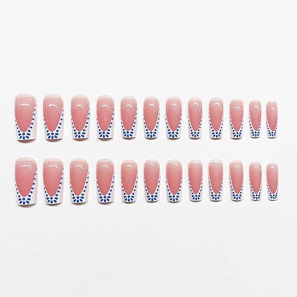 CTTHNBD MEDIUM PRESS ON NAILS SQUARE & PRESS ON TOENAILS SET, WHITE FRENCH TIP WITH BLUE SPOT DESIGN – FOR WOMEN 48 PCS