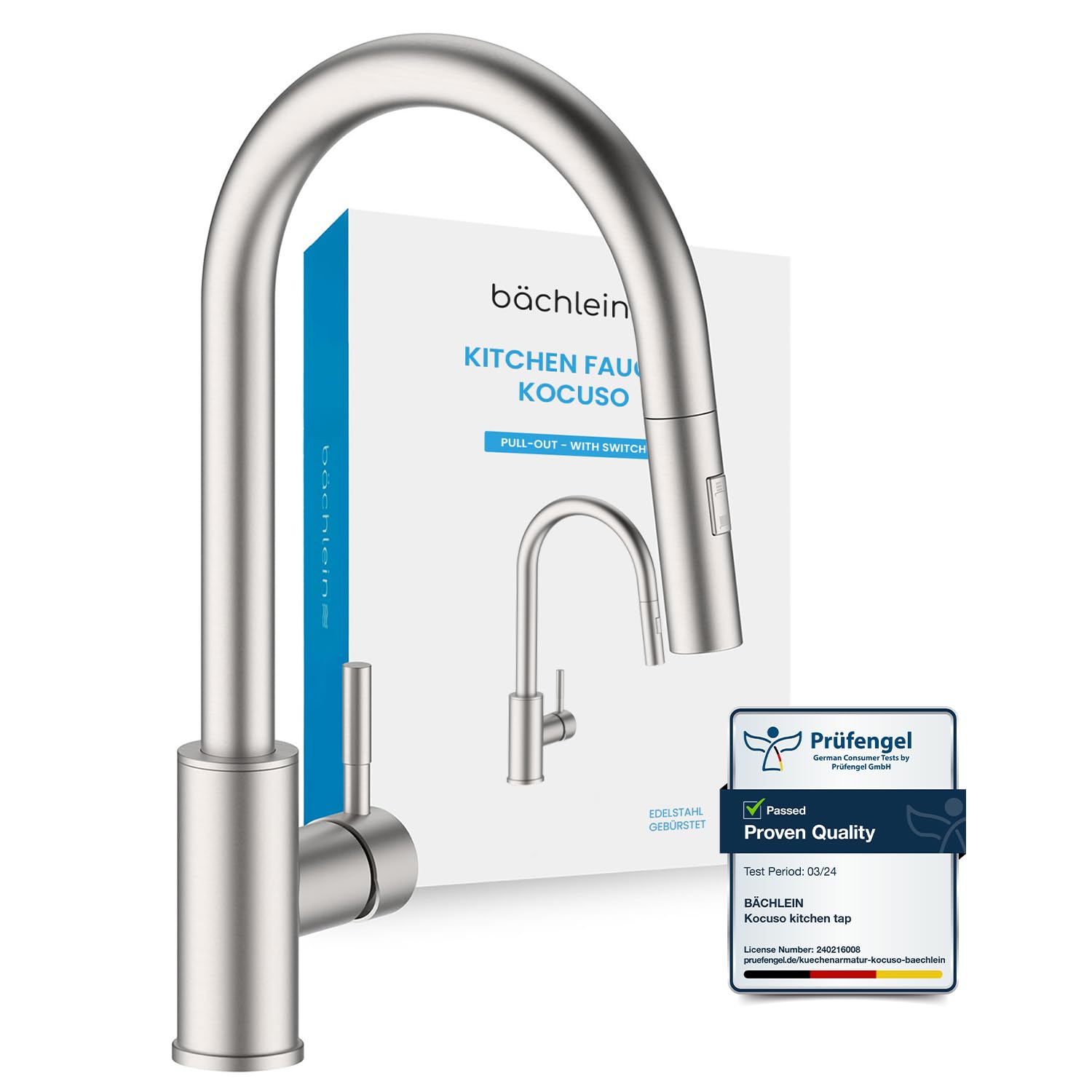 Bächlein Kitchen Faucet 360 Degree Swivel (Brushed Stainless Steel) - One-Hand Sink Mixer Made of Stainless Steel with Extendable Hose and Shower Head with Switch Button, Water Tap for The Kitchen