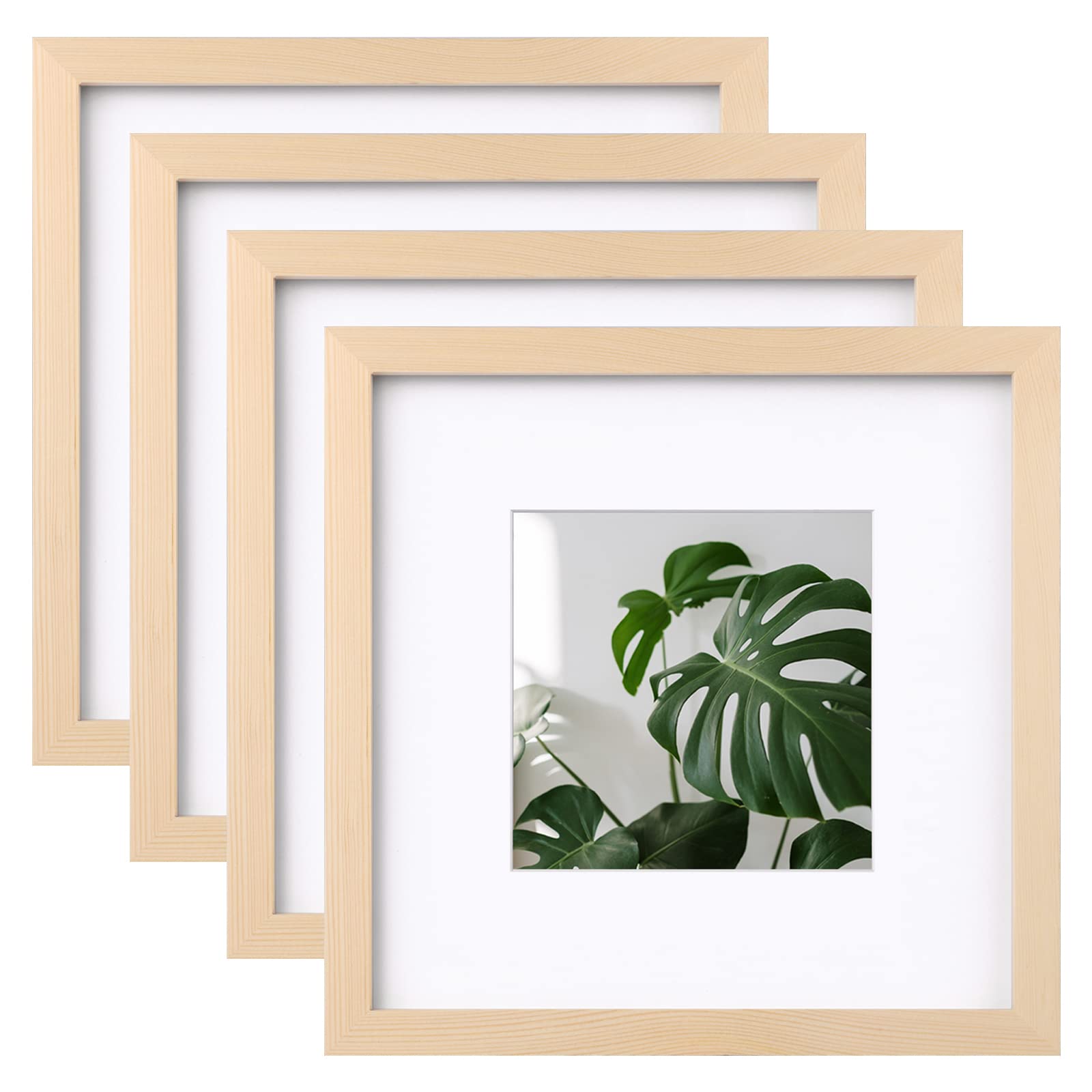EGOFINE 10x10 Photo Frames Natural Wood Set of 4, Made of Solid Wood with Acrylic Glass for Photos 6x6 with Mat or 10x10 without Mat, Tabletop and Wall Mounting Display — image 1