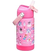 rockpapa 14 oz Kids Insulated Water Bottle,Stainless Steel Toddler Cups with Straws, BPA Free, Leak-Proof, Kids Water Bottle for School Boys& Girls (Pink Fairies)