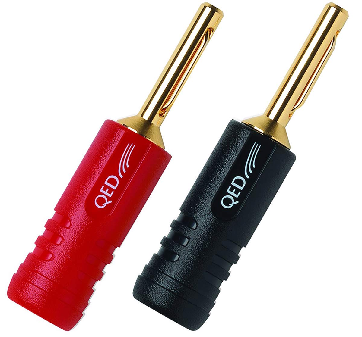 2 QED Screwloc Forte Gold Plated 4mm Banana Plugs for Loudspeakers and Amplifiers (1 Red 1 Black)