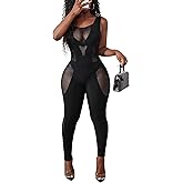 RISCUYY Sexy Jumpsuit for Women Sleeveless Hollow Out Sheer Mesh Jumpsuit Black Pants Romper Club Outfits