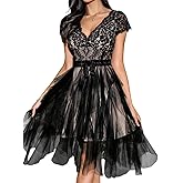 ShawGobow Lace Tulle Dress,Backless Deep V Short Formal Dresses for Women,Cocktail Party Wedding Guest Outfits