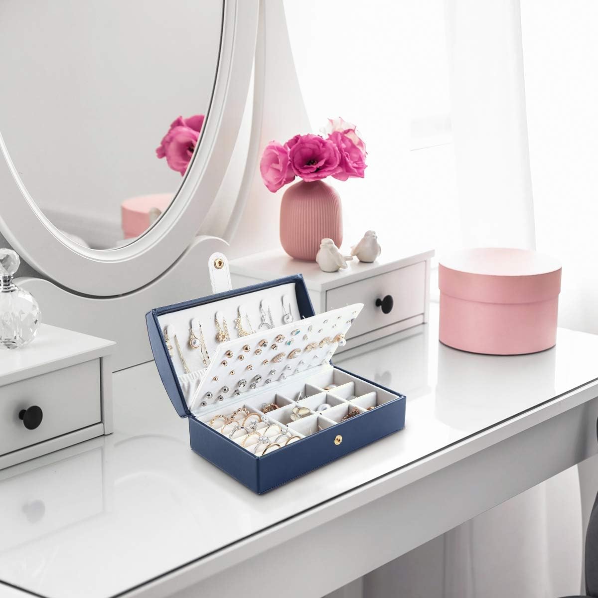 Travel Jewelry Box for Women, JOMARTO Two-Layer Jewelry Display Case PU Leather Jewelry Organizer for Necklace Earring Rings Compact Portable Jewelry Box with Button- Navy Blue: Home Improvement