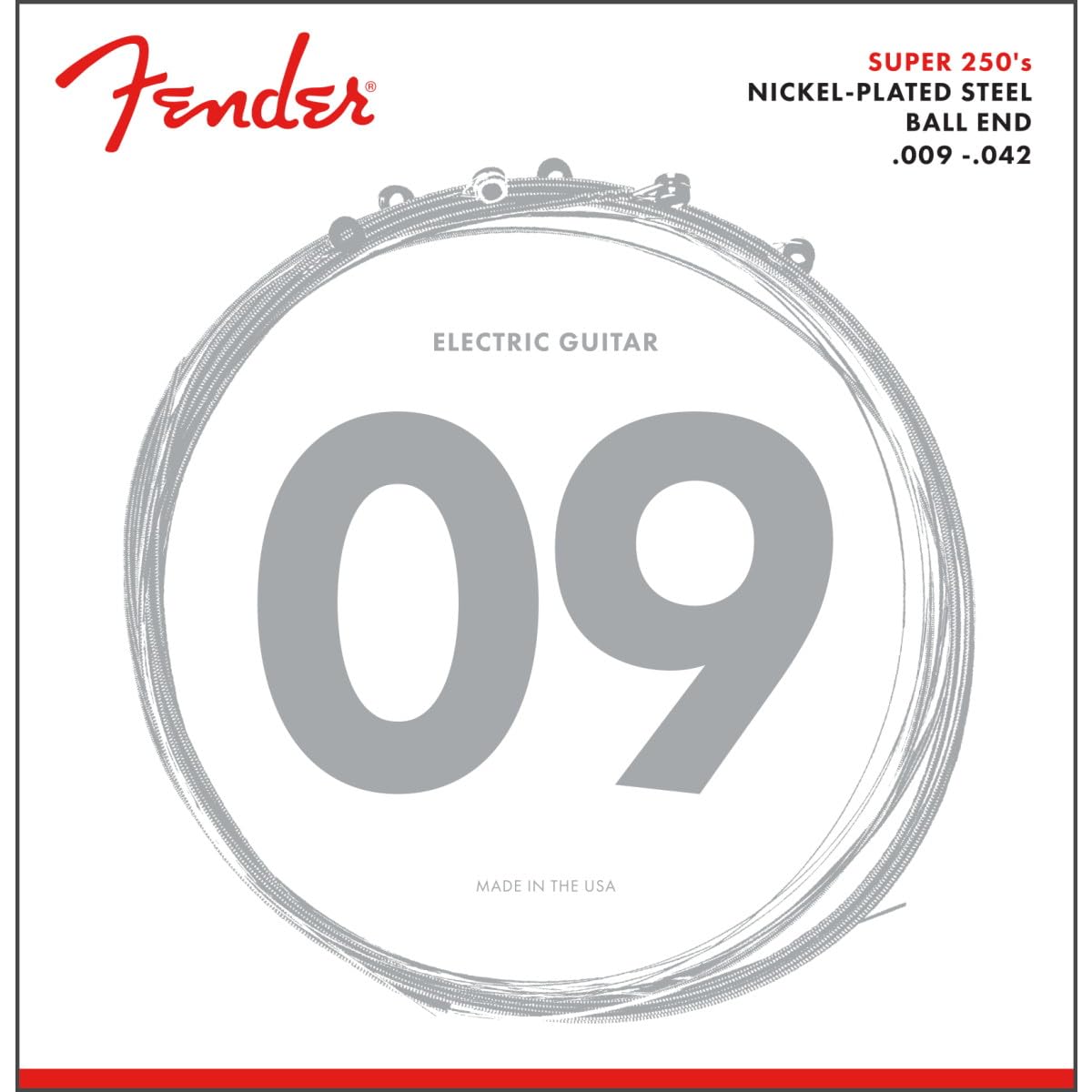 Fender Super 250 Electric Guitar Strings, 9-42 Gauge, Nickel-Plated Steel, High Output and Smooth Feel, Ball End, Dynamic Rock and Blues Tone, 1 Set