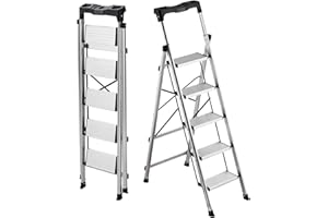 VEVOR 5 Step Ladder, Folding Step Stool with Wide Anti-Slip Pedal and Comfort Handgrip, 330 lbs Capacity Portable Aluminum St