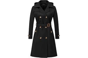 CREATMO US Women's Long Trench Coat Double-Breasted Classic Lapel Overcoat Belted Slim Outerwear Coat with Detachable Hood
