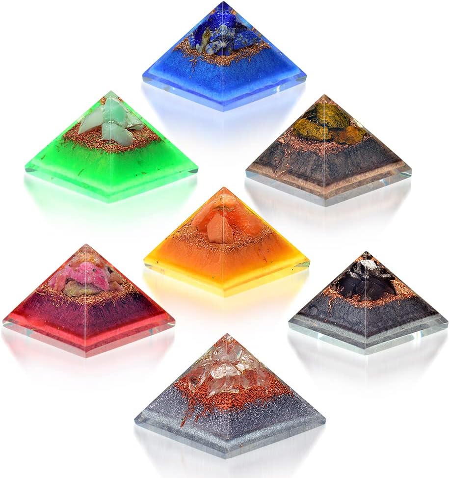 Mixed Media - 7 mini pyramids for self-care, harmony, meditation, yoga, spirituality, crystal decor, balance workspace made of Orange calcite, Shungite, Lapis, Quartz Crystal, Chrysoprase, Bronzite, Rhodonite