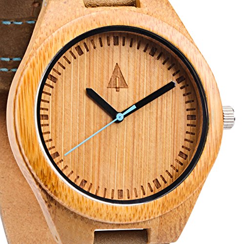 Treehut Mens Wooden Bamboo Watch with Genuine Brown Leather Strap Quality Miyota Movement, 1.7 inches, Perfect Men Boyfriend Husband Gift, Green Second Hand