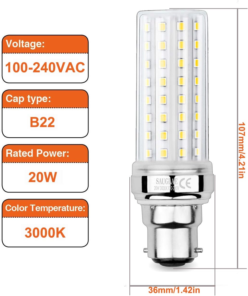 SAUGLAE 20W LED Corn Bulbs, 150W Incandescent Bulbs Equivalent, 3000K Warm White, 2300Lm, B22 Bayonet Cap Light Bulbs, 3-Pack - Image 3
