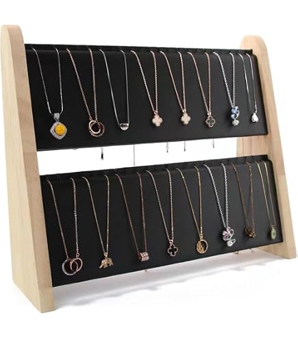 TANG SONG Bamboo & Leather Necklace Display Stand - Multi-Layer Organizer For Chains, Bracelets & Jewelry At Home (White)