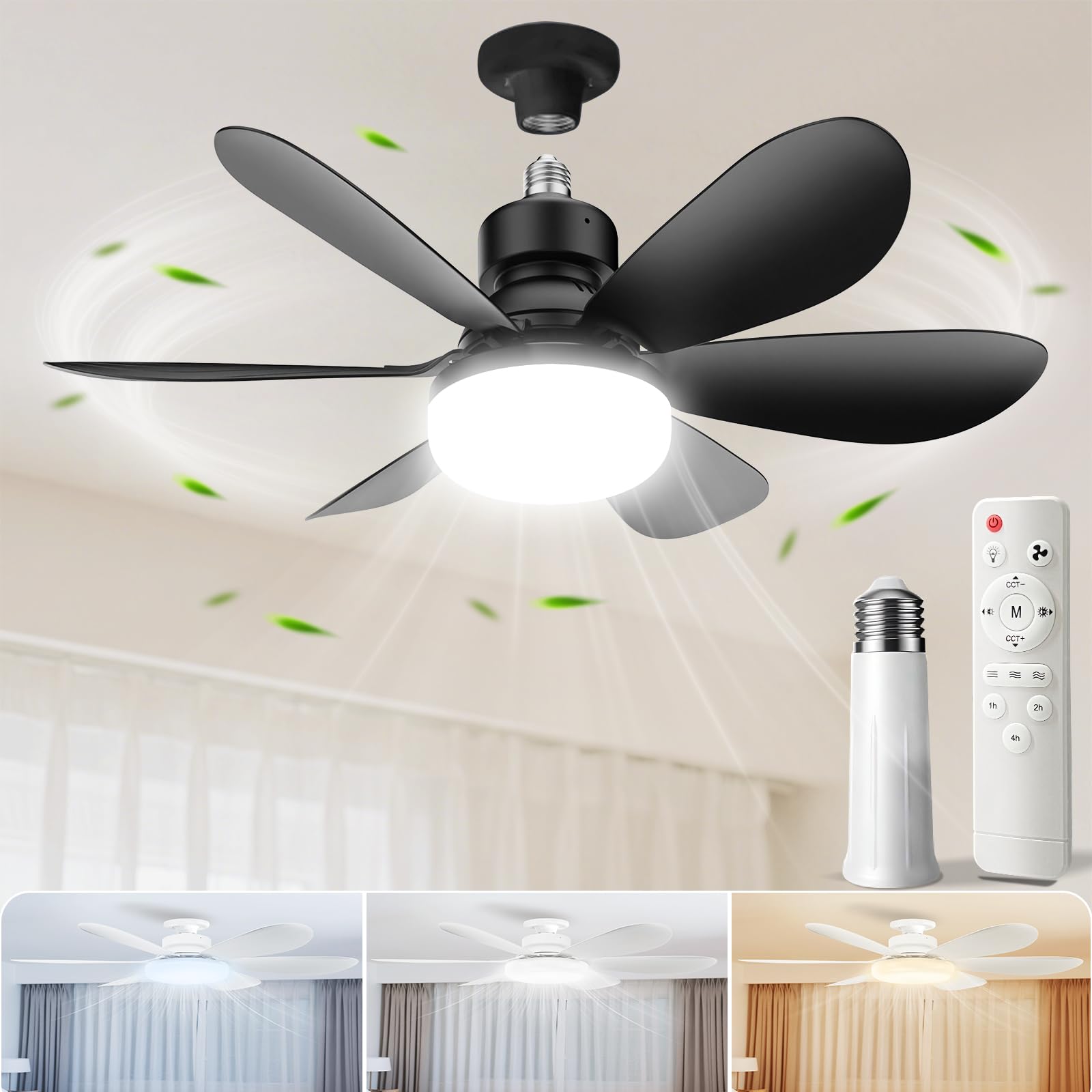 Photo 1 of MIMIRGB Socket Fan Light with Remote,Small Ceiling Fans with Lights,Smart Timing 2000 Lumens Dimmable 3 Colors,E26 Base Socket Ceiling Fan for Bedroom Living Garage Kitchen?Black?