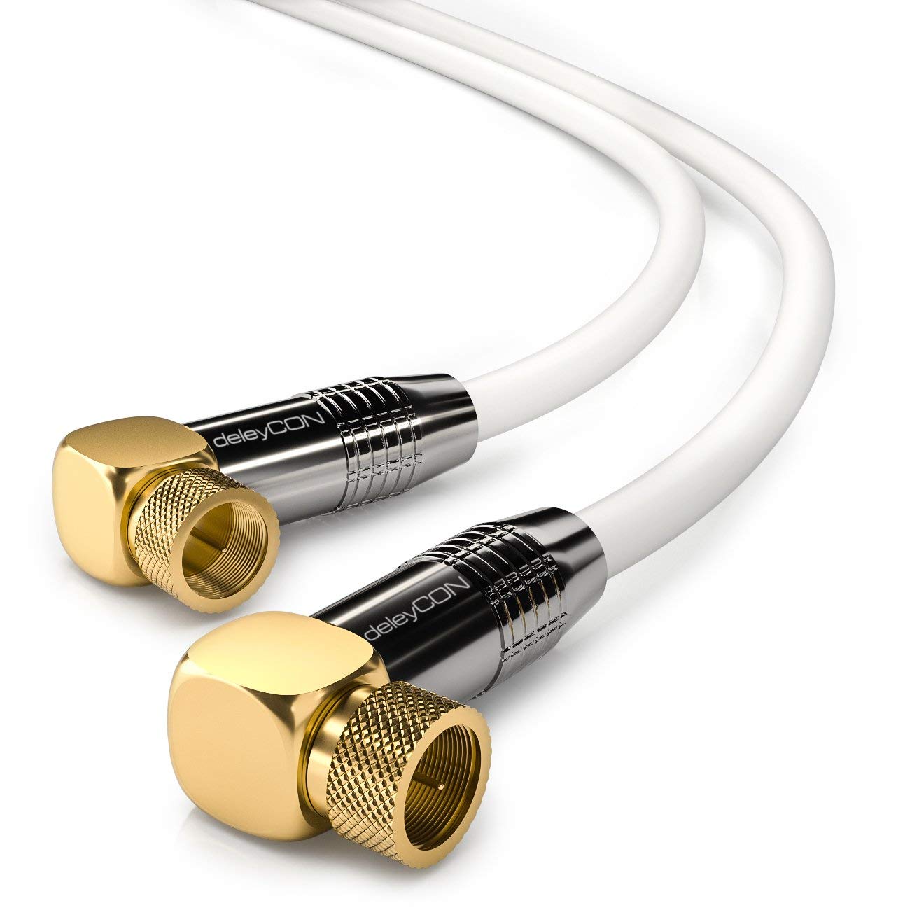 deleyCON 2m (6.56 ft.) SAT Antenna Cable HDTV Satellite Cable Coaxial Cable 2x Angled - F-Plug (90° Degree) to F-Plug (90° Degree) - Metal Connector - White
