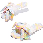 Cape Robbin Enzio Flat Sandals Slides for Women, Womens Square Toe Mules Slip On Shoes with Bow